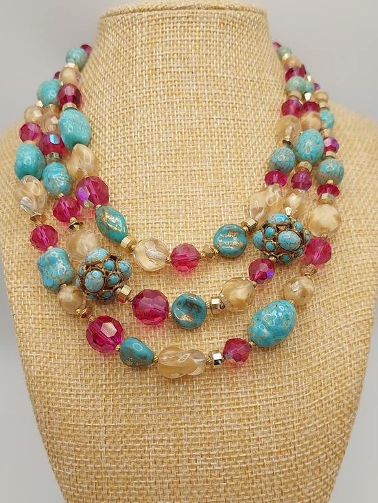 Hattie Carnegie Jewelry - HATTIE CARNEGIE 3-Strand Vtg Blue Ceramic, AB Fuchsia Glass Choker Necklace MCM